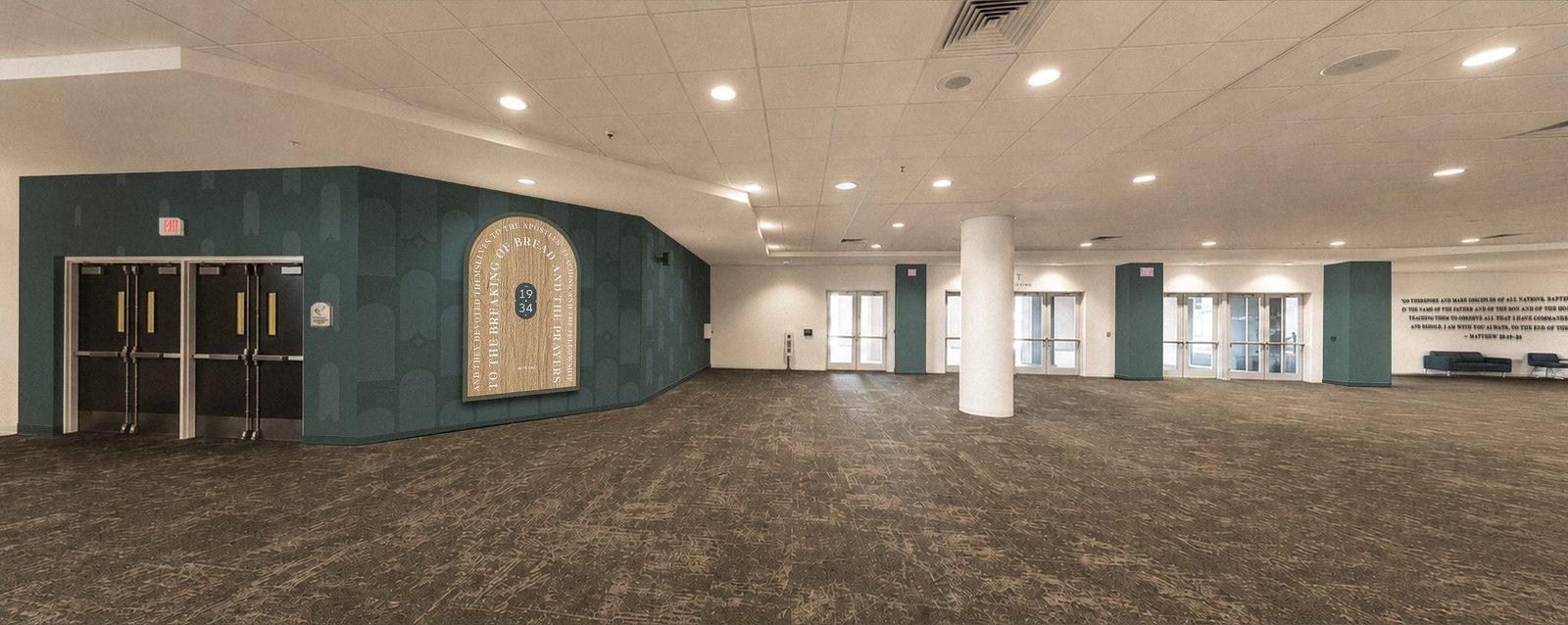 Hero wall, teal lobby