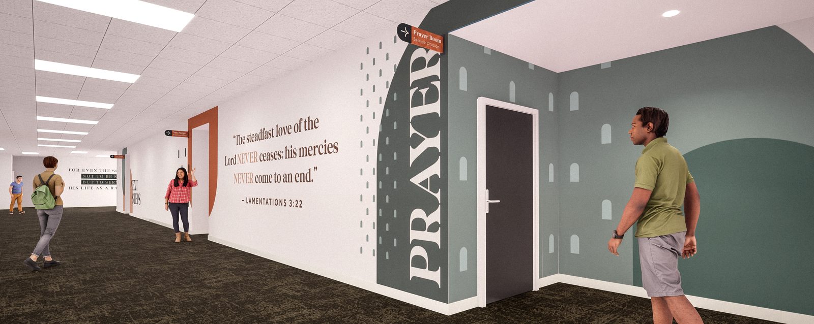 Next Steps hallway with Prayer mural