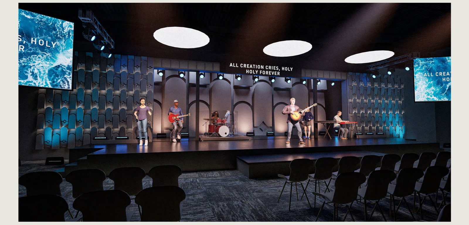 Hall worship venue, angled view