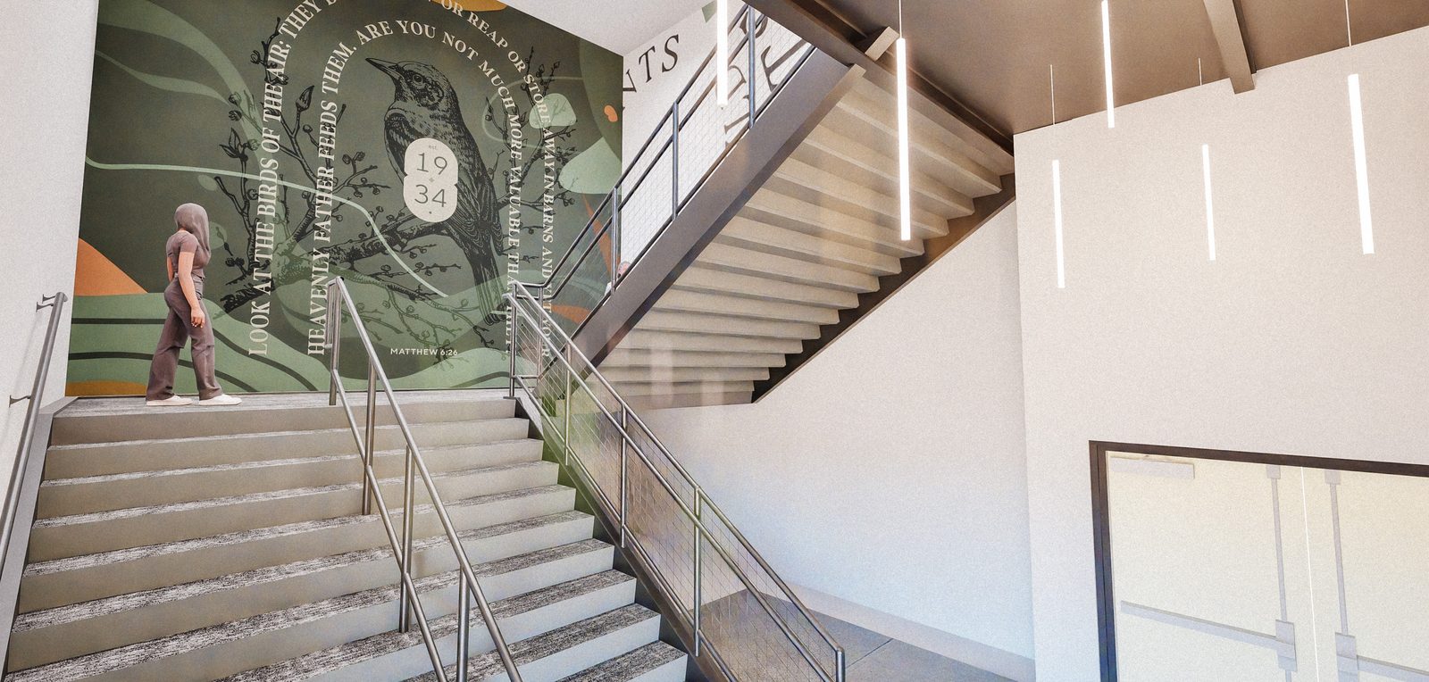 Stairwell with Matthew 6:26 mural